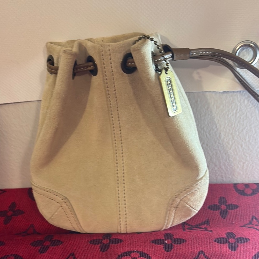 Coach Beige Suede Mini Drawstring Bucket Bag